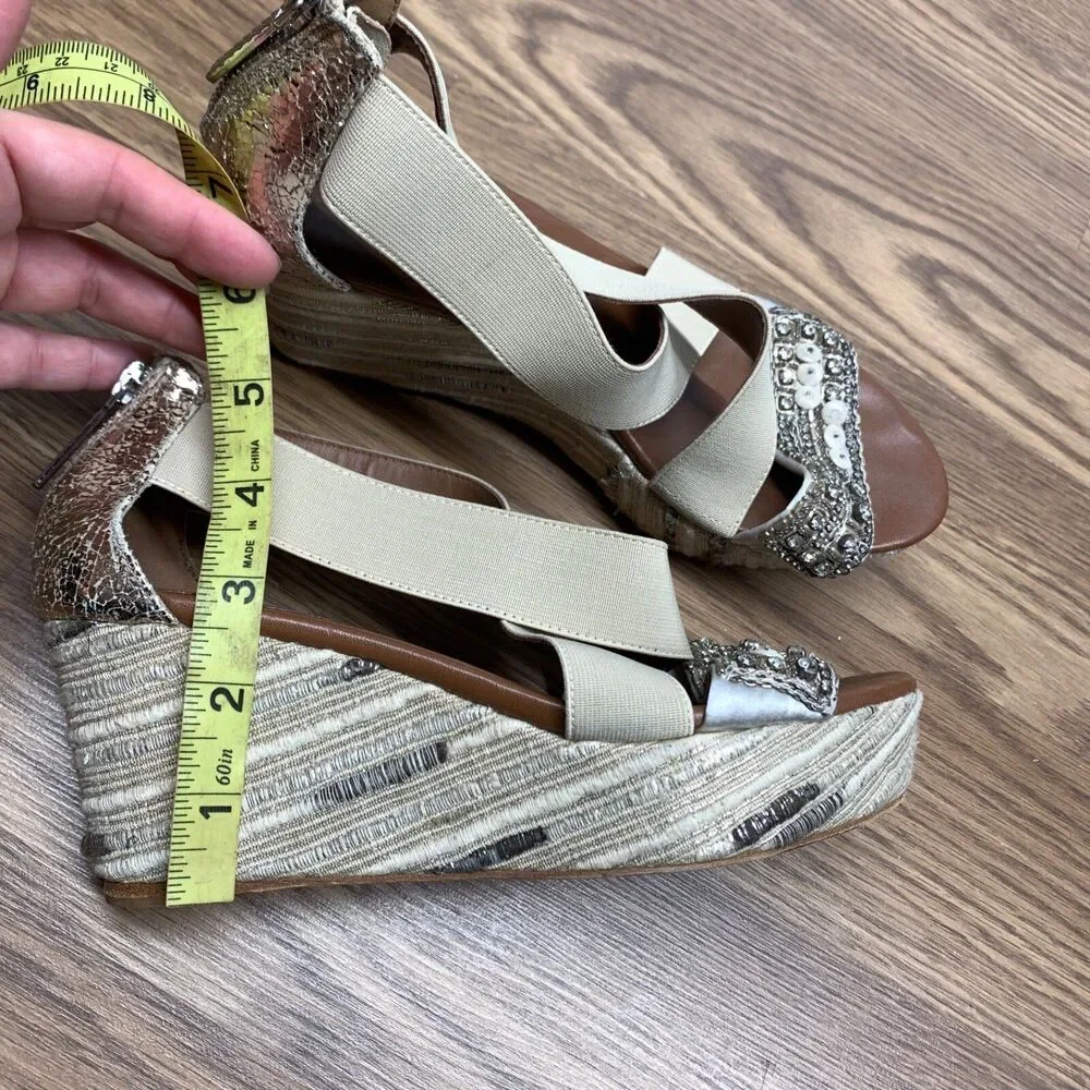 Donald Pliner Espadrille‎ Wedge Shoes 6.5 M Ankle Strap Sandals Beige Sequin